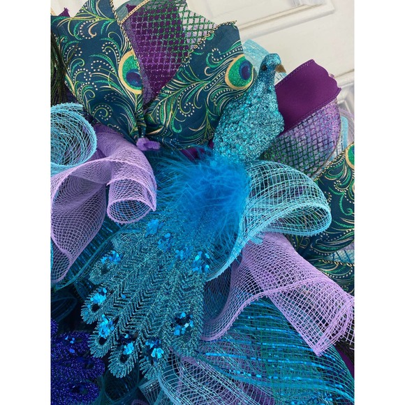 Peacock Feathers Deco Mesh Ribbon Wreath Year Round Everyday Wall Hanger Decor - Picture 2 of 9